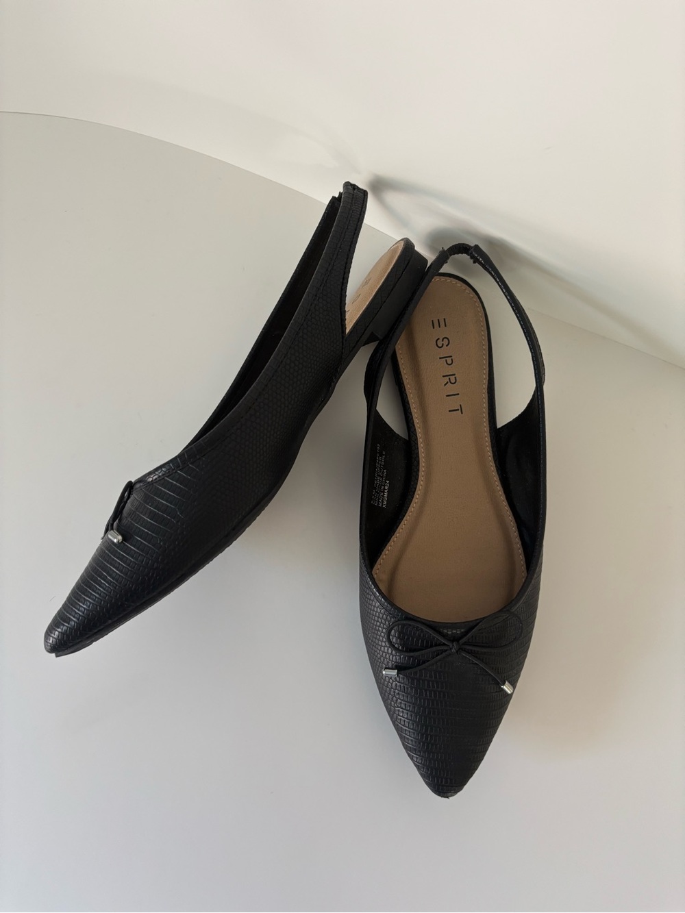 Esprit Black Textured Pointed Slingback Flats with Bow Accent